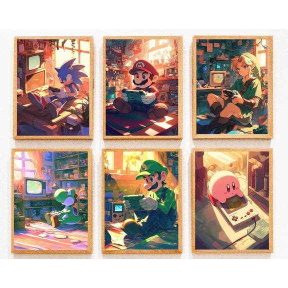 Gaming Cartoon Characters Canvas Wall Art | Mario, Luigi, Totoro, Link, Kirby & Super Smash Bros | UV-Printed MDF Wood Framed | 8*10 Inch Unframed Decor for Boys' Room, Living Room, Bedroom