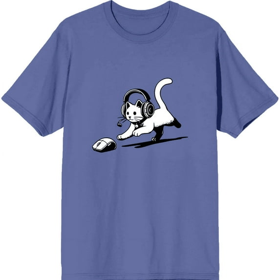 Gaming Cat Chasing Computer Mouse Adult Blue Crew Neck Short Sleeve Tee-Medium