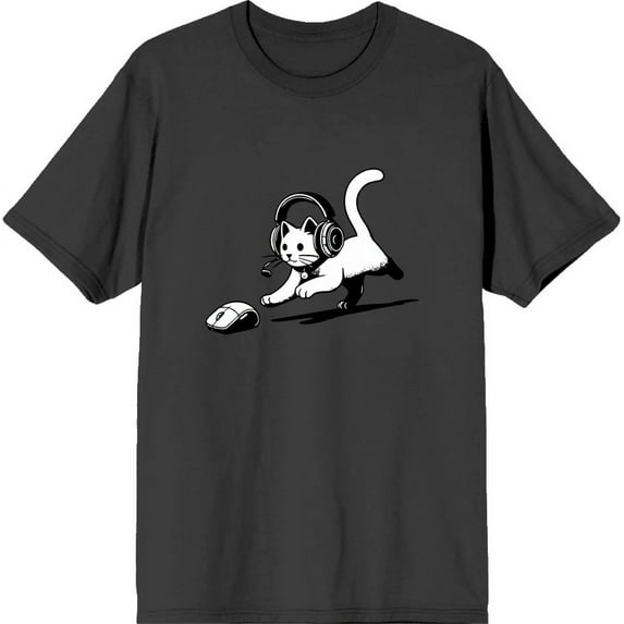 Gaming Cat Chasing Computer Mouse Adult Charcoal Crew Neck Short Sleeve Tee-Medium