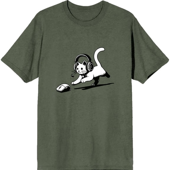 Gaming Cat Chasing Computer Mouse Adult Green Crew Neck Short Sleeve Tee-Medium