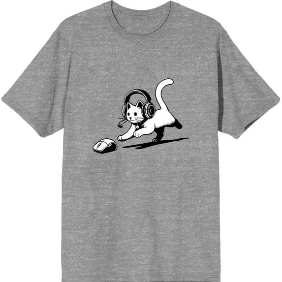 Gaming Cat Chasing Computer Mouse Adult Heather Gray Crew Neck Short Sleeve Tee-XL