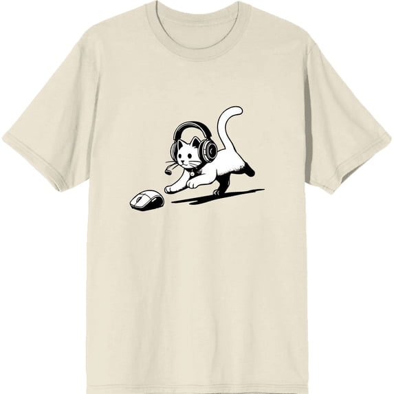 Gaming Cat Chasing Computer Mouse Adult Natural Crew Neck Short Sleeve Tee-XXL