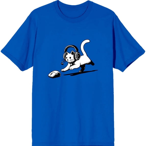 Gaming Cat Chasing Computer Mouse Adult Royal Blue Crew Neck Short Sleeve Tee-Large