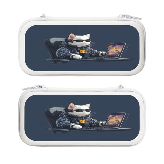 Gaming Cat Meow, Carrying Case For Nintendo Switch & OLED Version, Eva Lightweight Shockproof Protective Pouch Case for Game Console & Accessories with 10 Game Card Slot & Wristband, White