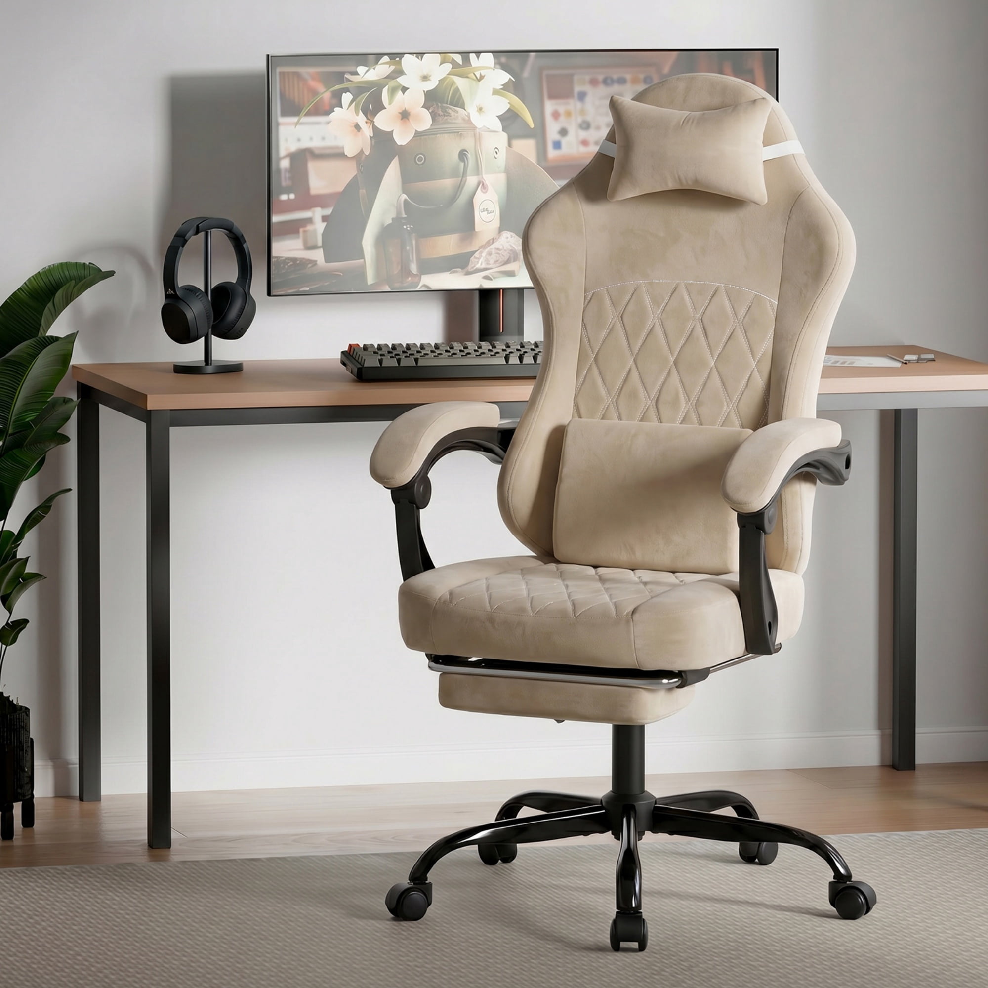 Gaming Chair 49.21 Inch, Ergonomic Computer Chair with Massage Lumbar Support and Adjustable Height, Video Gamer Chair for Office and Gaming, Beige