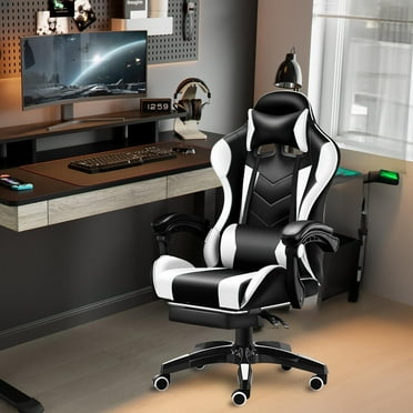 Gaming Chair with Adjustable Footrest, Eighteentek High Back Office Chair with Lumbar Support & Adjustable Headrest Video Game Chairs for Adults Black & White