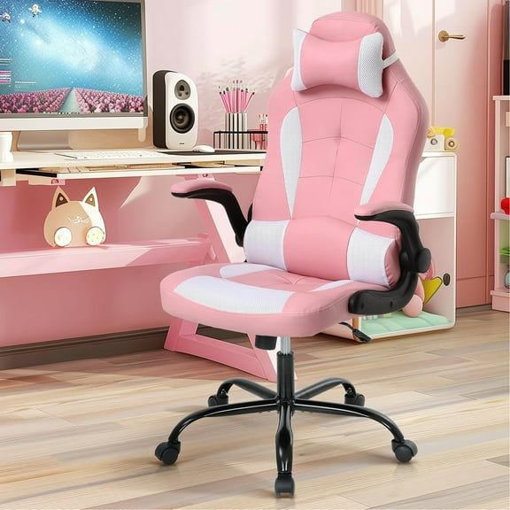 Gaming Chair for Adult Kids Teen Girls Gift Ergonomic High Back with Flip-up Arms Headrest PU Leather Swivel Capacity 250lb Home Office PC Desk Task Children Chairs, Pink