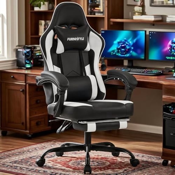 Gaming Chair for Adults and Teens, Ergonomic Leather Video Game Chairs with Footrest, Wide Seat, Reclining Back, Neck & Lumbar Support, Adjustable Swivel Computer Desk Chair, Black/White$$Furniture