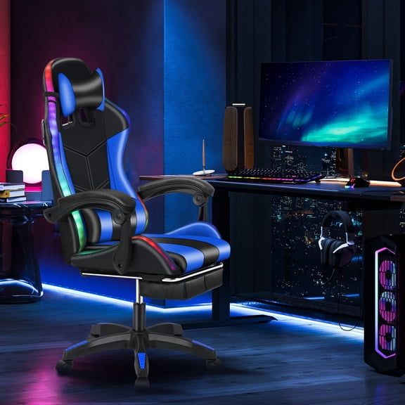 Gaming Chair with Bluetooth-compatible Speakers and RGB LED Lights, Ergonomic Massage Computer Chair with Height Adjustable, Video Game Chair High Back with Lumbar Support-Black Blue