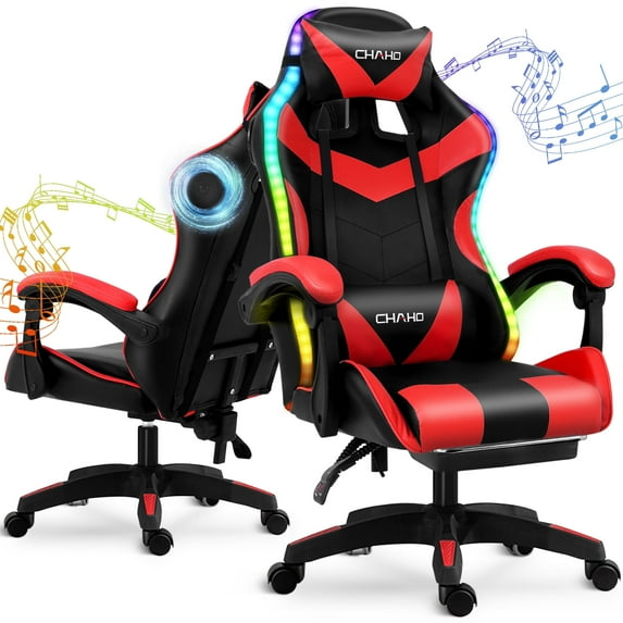 Ergonomic Gaming Chair, CHAHO Gaming Chair with Speaker & LED Lights, Computer Racing Chair for Adults, PU Leather Office Chair with Footrest Lumbar Support Headrest, Red