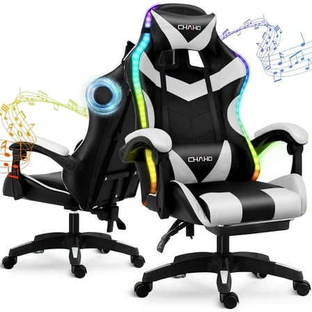 Ergonomic Gaming Chair, CHAHO Gaming Chair with Speaker & LED Lights, Computer Racing Chair for Adults, PU Leather Office Chair with Footrest Lumbar Support Headrest, White