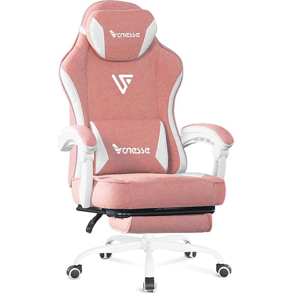 Gaming Chair, Computer Chair Fabric with Pocket Spring Cushion, Office Chair with Footrest and Massage Lumbar Support, Reclining Gaming Chairs for Adults 250LBS (Pink)
