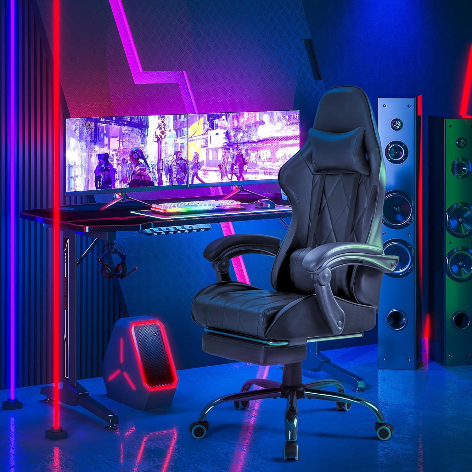 Gaming Chair, Computer Chair with Footrest and Massage Lumbar Support ...