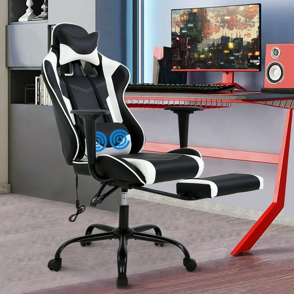 Gaming Chair Computer Massage Chair Reclining Office Chair with Footrest Lumbar Massage Support Adjustable High Back PU Leather Ergonomic Game Chair for Adults(White)