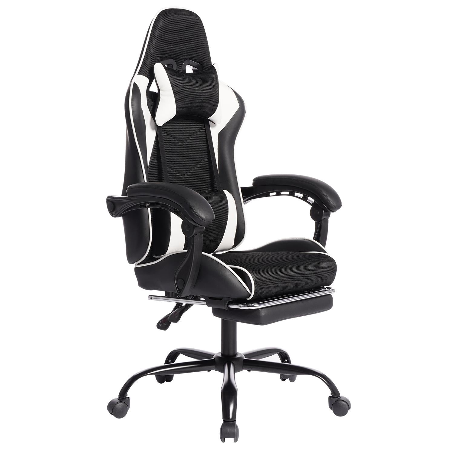 Gaming Chair, E-Sports Racing Chair, Ergonomic Computer Seat with Footrest and Massage, PU Bonded Leather, Moulded Sponge, 135-Degree Recline, 360-Degree Swivel for Office Gaming, White and Black
