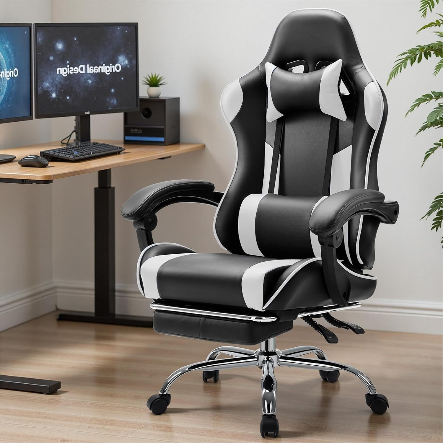 Gaming Chair, Ergonomic Computer Chair with Footrest, Lumbar Support, Headrest, Comfy Seating with thicken cushion, Black