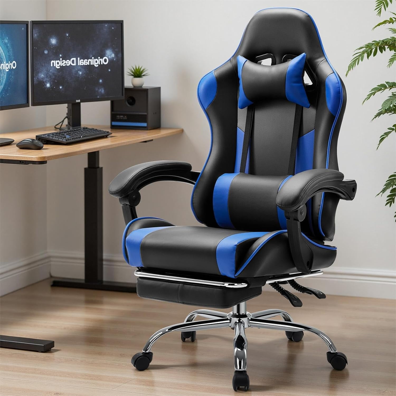 Gaming Chair, Ergonomic Computer Chair with Footrest, Lumbar Support, Headrest, Comfy Seating with thicken cushion, Blue