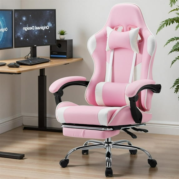 Gaming Chair, Ergonomic Computer Chair with Footrest, Lumbar Support, Headrest, Comfy Seating with thicken cushion, Pink