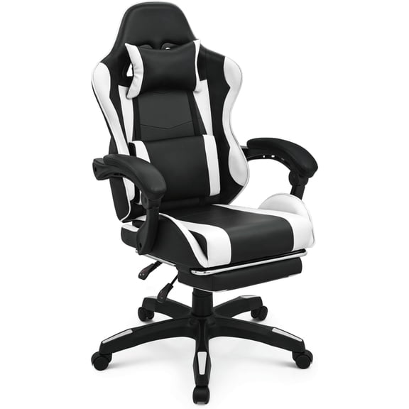 Gaming Chair, Ergonomic Computer Chairs with Arms, Lumbar Support, Footrest, Headrest 360°Swivel Chair, Adjustable Back and Height, Leather PC Chairs for Gaming, Study, Office, Black/White