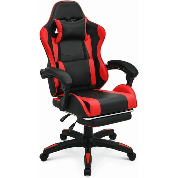 Gaming Chair, Ergonomic Computer Chairs with Arms, Lumbar Support, Footrest, Headrest 360°Swivel Chair, Adjustable Back and Height, Leather PC Chairs for Gaming, Study, Office, Black/Red