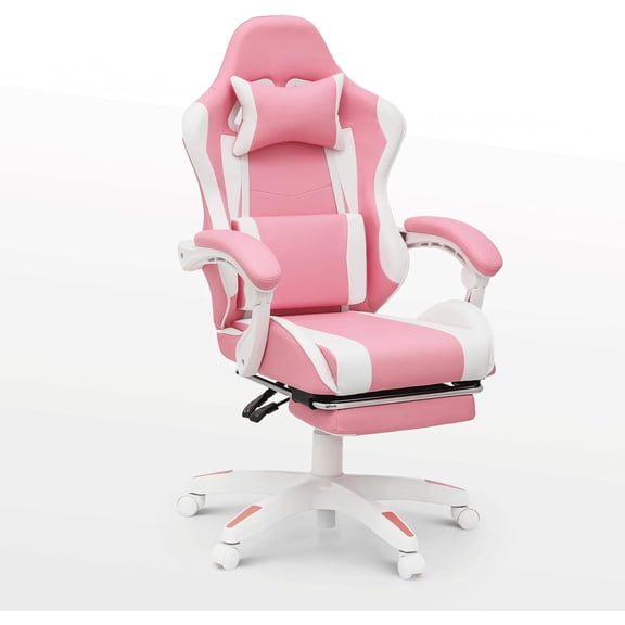 Gaming Chair, Ergonomic Computer Chairs with Arms, Lumbar Support, Footrest, Headrest 360°Swivel Chair, Adjustable Back and Height, Leather PC Chairs for Gaming, Study, Office, Pink