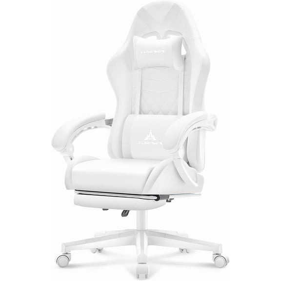 Gaming Chair, Ergonomic Massage Computer Office Desk Chair with Footrest, Pocket Spring Cushion, Reclining Leather Adjustable Gamer Chair with Headrest and Lumbar Support, White