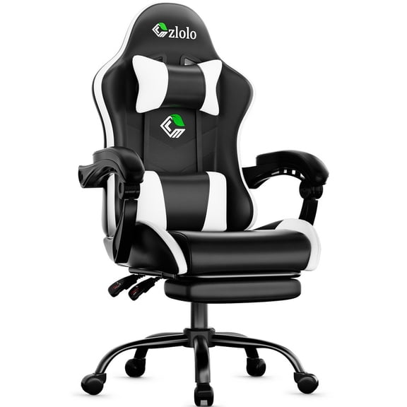 Gaming Chair, Ergonomic Office Computer Chair with Footrest and Lumbar Support Massager Racing Style High Back Video Gamer Chair, Wide＆Thick Cushion, 90°-135° Recline, Adjustable Height(Black/White)