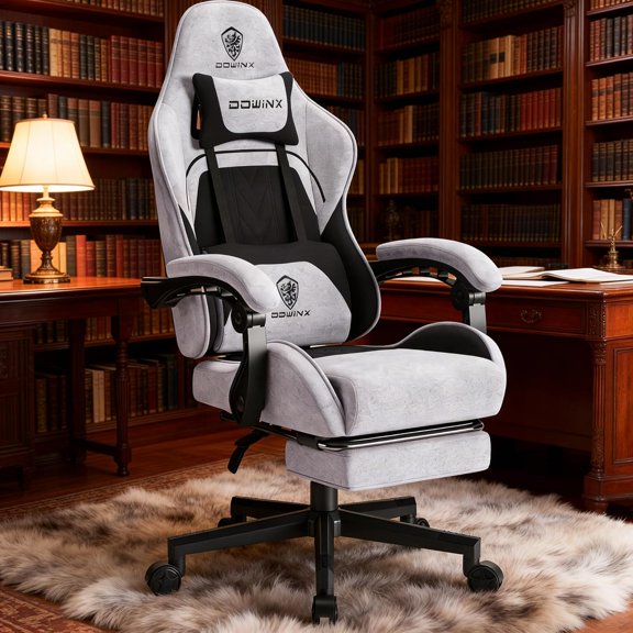 Gaming Chair Fabric with Coil Spring Cushion, Ergonomic Game Chair for Adults with Footrest and Massage Lumbar Support, Cloth Computer Office Chair 350LBS, Black Grey