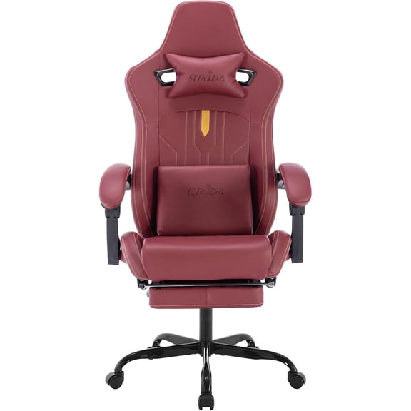 Gaming Chair with Footrest Ergonomic Computer Chair Massage Lumbar Cushion, Racing Video Game Chair Adjustable Rocker Recliner Executive Office Desk Chair Pu Leather for Adults, WineRed