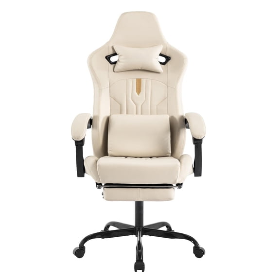 Gaming Chair with Footrest Ergonomic Computer Chair Massage Lumbar Cushion, Racing Video Game Chair Adjustable Rocker Recliner Executive Office Desk Chair Pu Leather for Adults, Beige