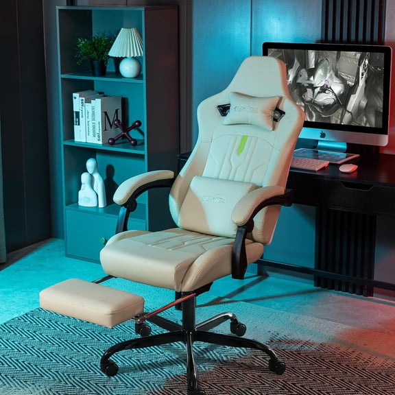 Gaming Chair with Footrest Ergonomic Computer Chair Massage Lumbar Cushion, Racing Video Gaming Chair Adjustable Rocker Recliner Executive Office Desk Chair Pu Leather for Adults(BEIGE)