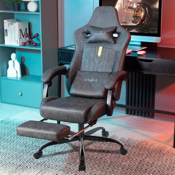 Gaming Chair with Footrest Ergonomic Computer Chair Massage Lumbar Cushion, Racing Video Gaming Chair Adjustable Rocker Recliner Executive Office Desk Chair Pu Leather for Adults(GREY)
