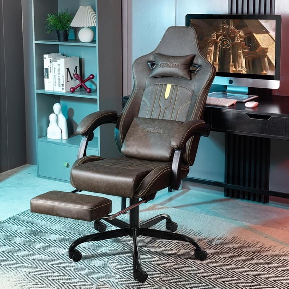 Gaming Chair with Footrest Ergonomic Computer Chair Massage Lumbar Cushion, Racing Video Gaming Chair Adjustable Rocker Recliner Executive Office Desk Chair Pu Leather for Adults(BROWN)