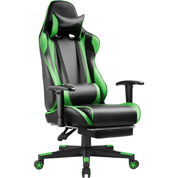 Gaming Chair with Footrest, Ergonomic Computer Game Desk Chair, Reclining Chair Seat Height Adjustment, Swivel Rocker with Headrest and Lumbar (Green)