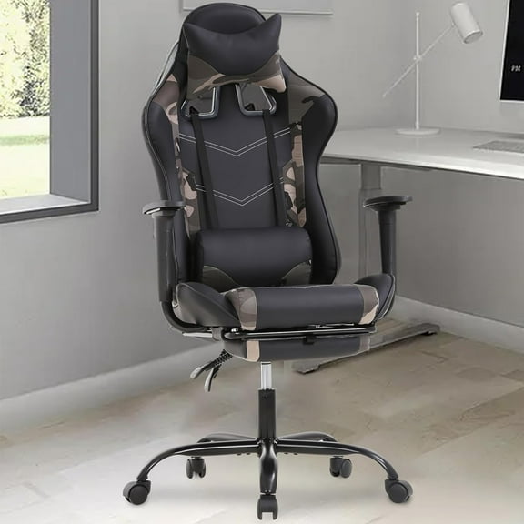 Gaming Chair with Footrest, Ergonomic Home Office Chair with Lumbar Support & Headrest Pillow, Height Adjustable Swivel Recliner Racing Computer Video Game Chair, Camo