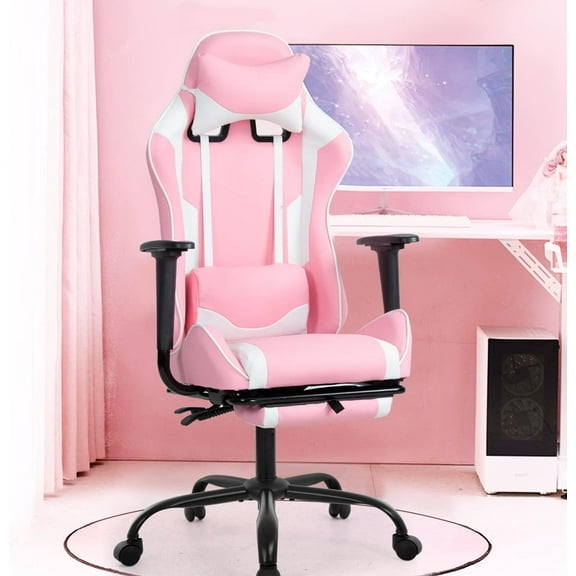 Gaming Chair with Footrest, Ergonomic Home Office Chair with Lumbar Support & Headrest Pillow, Height Adjustable Swivel Recliner Racing Computer Video Game Chair, Pink