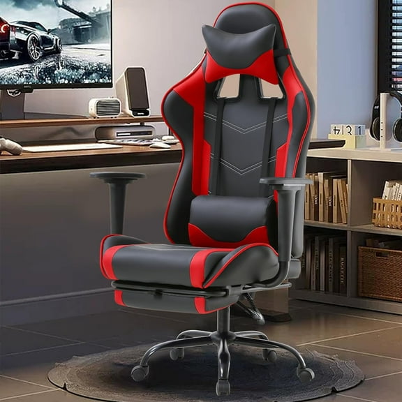 Gaming Chair with Footrest, Ergonomic Home Office Chair with Lumbar Support & Headrest Pillow, Height Adjustable Swivel Recliner Racing Computer Video Game Chair, Red