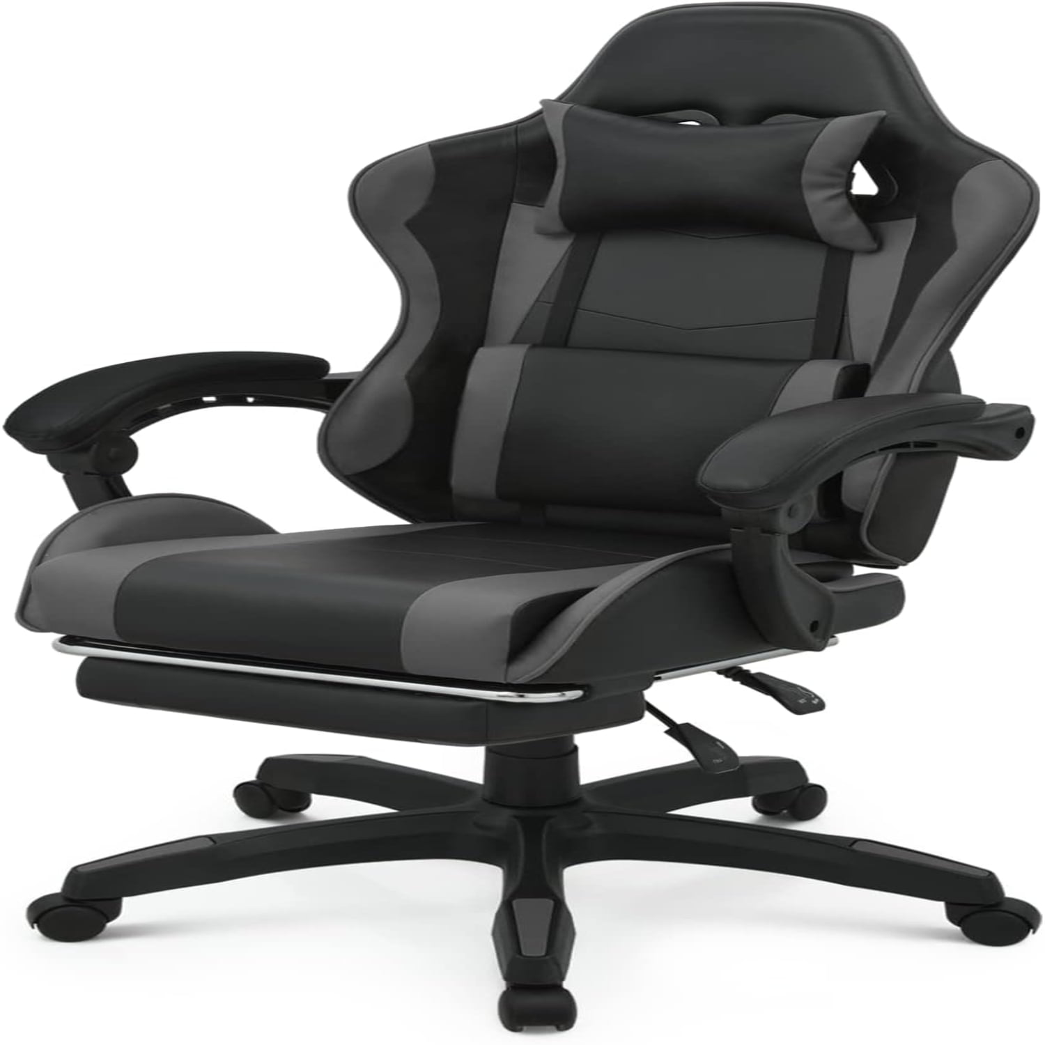 Gaming Chair with Footrest Headrest & Lumbar Support Grey High Back