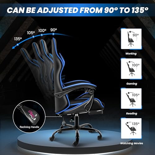 Gaming Chair With Retractable Footrest - Ergonomic Racing Style Recliner 90°-135° Tilt