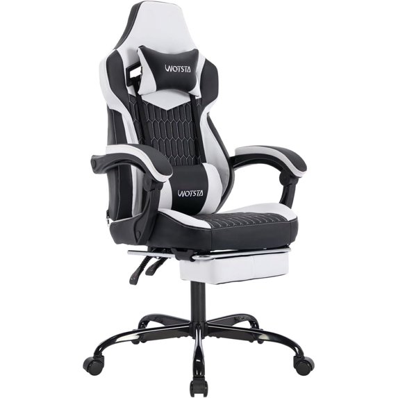 Gaming Chair with Footrest,High Back Gaming Chairs PVC Leather Ergonomic Office Gamer Chair Adjustable Headrest Lumbar Support Racing Style Video Gaming Chair for Office/Home (Black White)