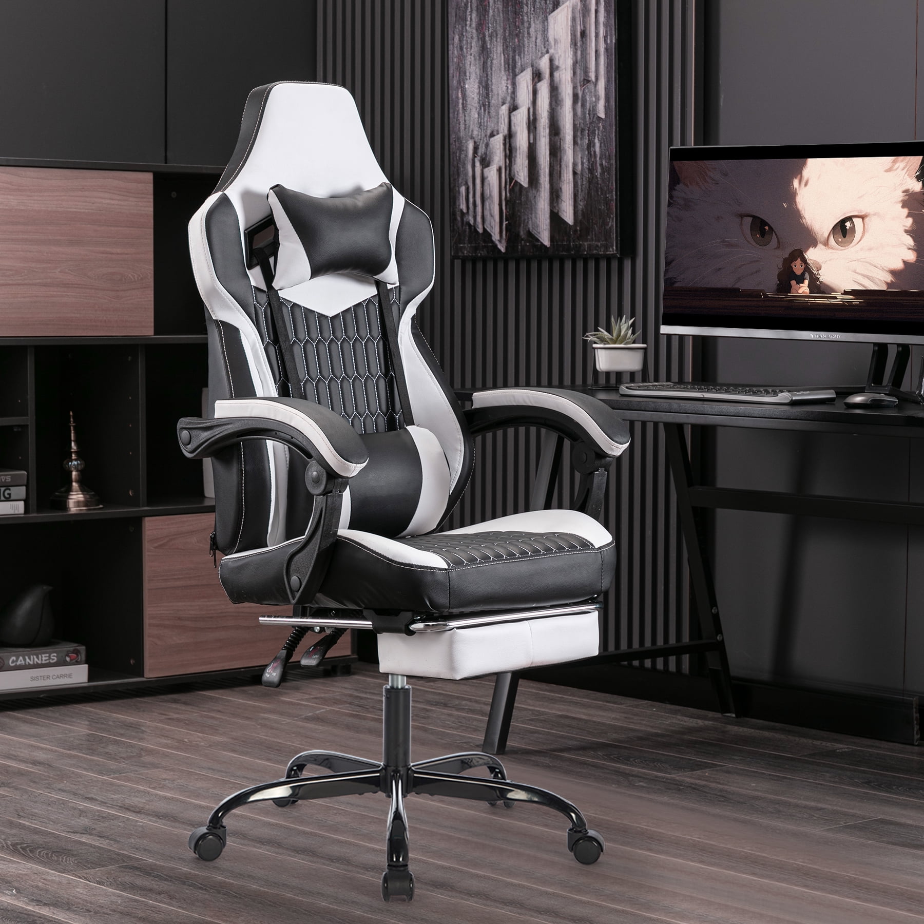 Gaming Chair with Footrest, High Back Gaming Chairs PVC Leather ...