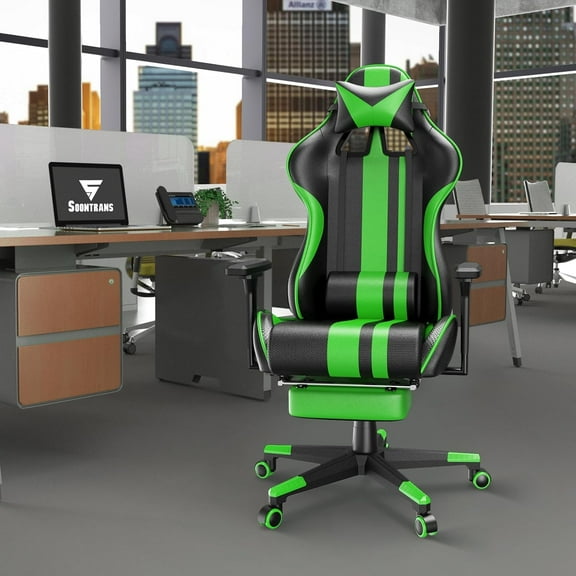 Gaming Chair with Footrest, Leather Ergonomic Gaming Chairs for Adults with Massage Lumbar Support & Headrest for Office Work, Comfortable Computer Chair, Green