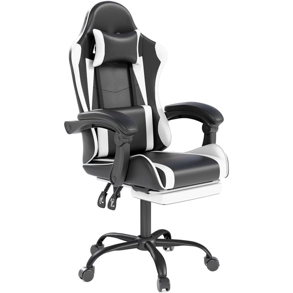 Gaming Chair with Headrest and Lumbar Support, Ergonomic High Back Office Chair, Racing Style Executive Computer Desk Chair, Leather Adjustable Swivel Task Chair for Home Office (White)