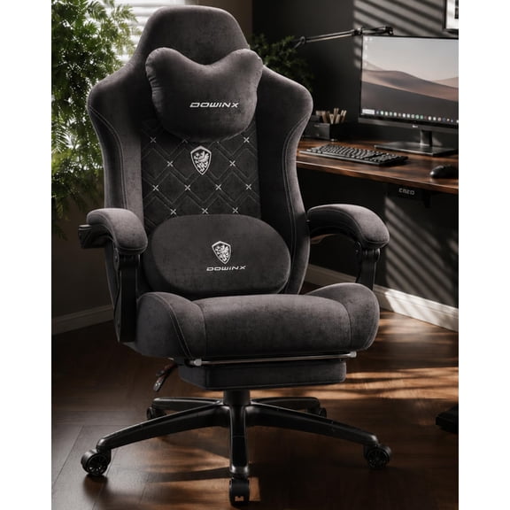 Gaming Chair with Heated Massage Lumbar Support,Big and Tall Fabric Gaming Chairs for Adults with Footrest, Ergonomic Computer Game Chair with Poket Spring Cushions, 350lbs, Black