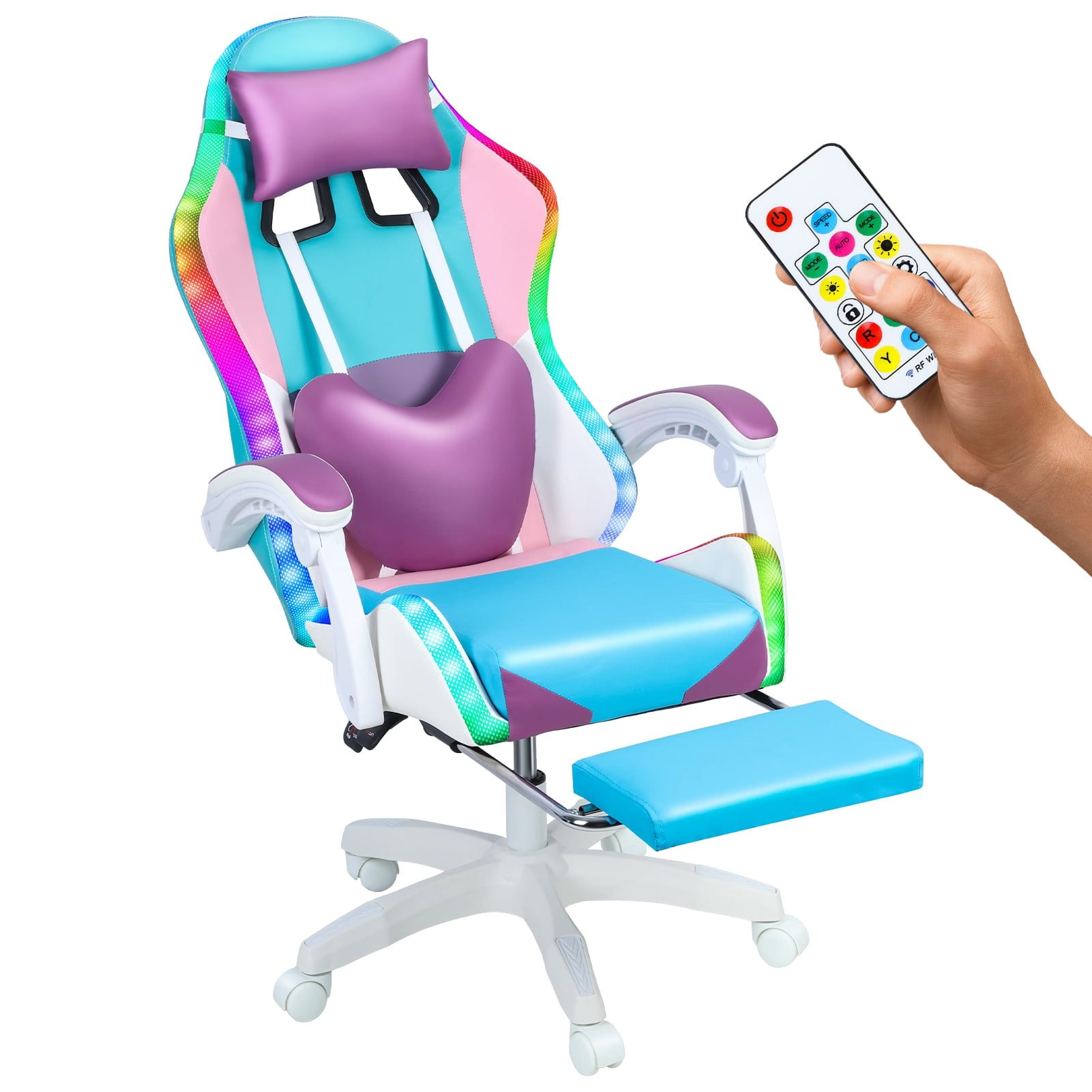 Gaming Chair with LED Lights & Massage, Ergonomic Video Game Chair with Footrest and Reclining, Computer Chair for Adults, Girls Gaming Setup Accessory