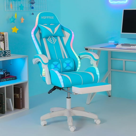 Gaming Chair with LED RGB Lights with Massage and Footrest Ergonomic Computer Chair High Back Video Game Chair with Adjustable Lumbar Support Linkage Armrest White and Blue