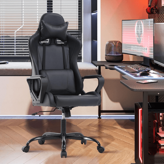 Gaming Chair, Office Chair Computer Racing Chair Ergonomic Video Game Chairs for Adult Kids Teen Height Adjustable Reclining Chair with Lumbar Support Armrest Headrest Swivel Chair Black