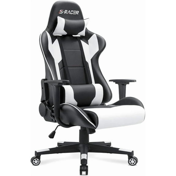 Gaming Chair, Office Chair High Back Computer Chair Leather Desk Chair Racing Executive Ergonomic Adjustable Swivel Task Chair with Headrest and Lumbar Support (White)