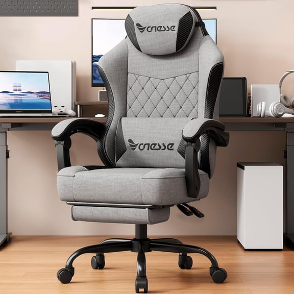 Gaming Chair, Office Chair with Linen Breathable Mesh Fabric, Desk Chair with Adjustable Lumbar Support, Executive Computer Chairs with Footrest and Headrest (Gray)