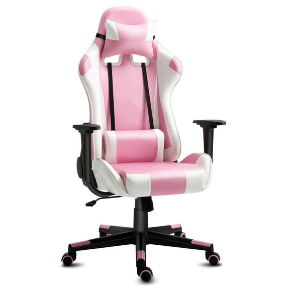 Gaming Chair Office Desk Chair Ergonomic Reclining Computer Chair Height Adjustable Swivel Recliner with Headrest Lumbar Support, Pink White